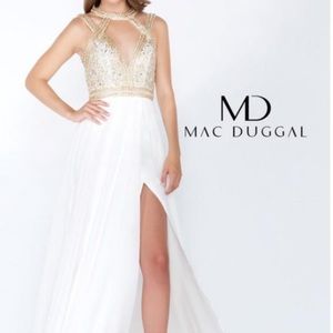 MAC DUGGAL BEADED CUTOUT BODICE CHIFFON gold/white GOWN sz 6